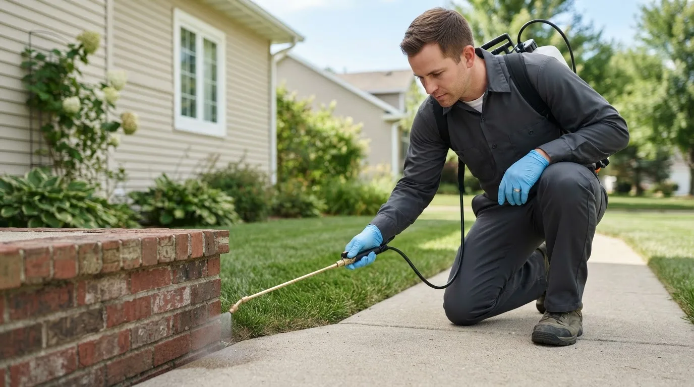 Pest control technician treating a home near Selma, IN